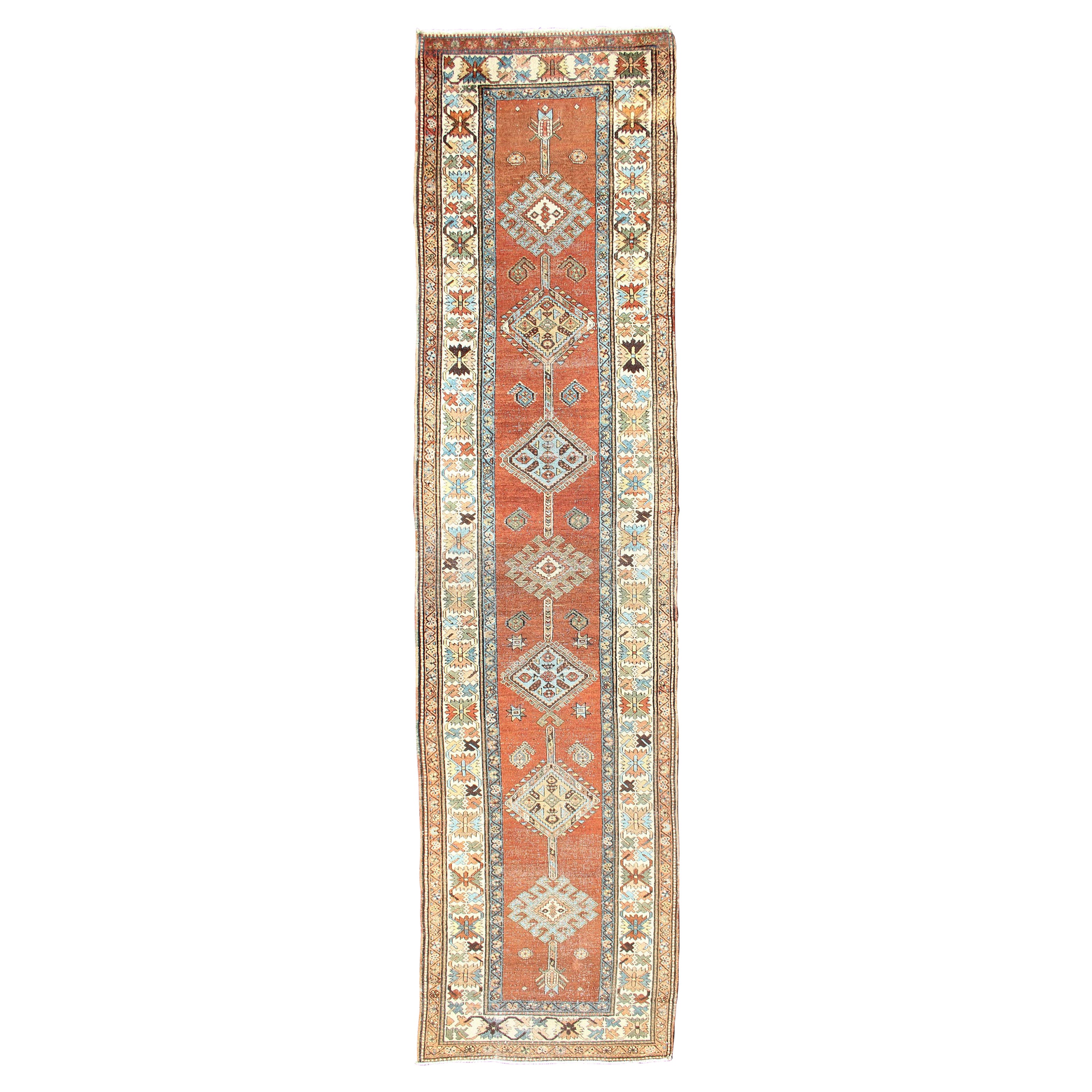 Antique Persian Searpi Runner with Geometric Medallions in Orange, Blue, Ivory For Sale