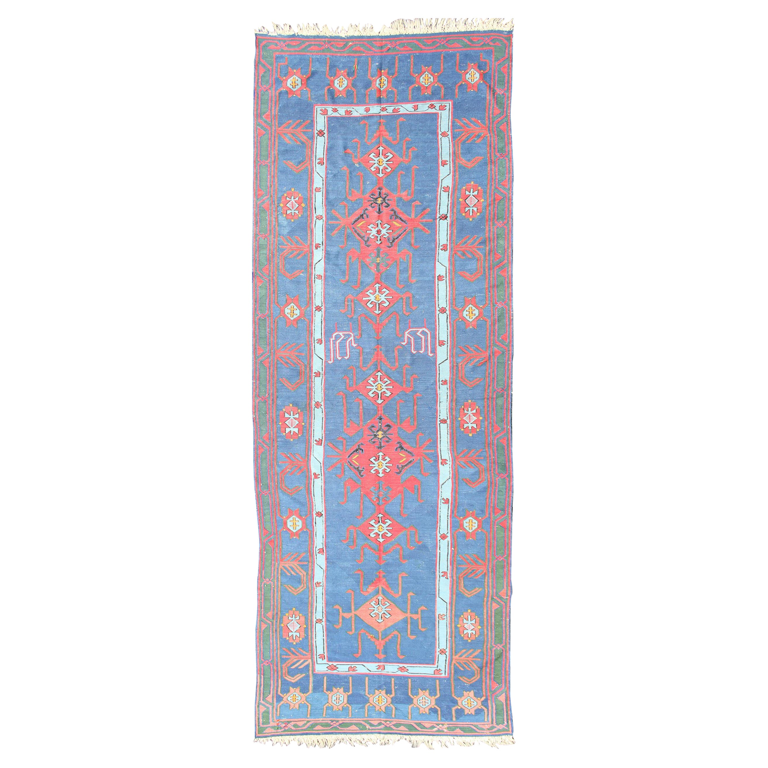 Rare antique Caucasian Avar flat-weave Gallery runner in blue Colors For Sale