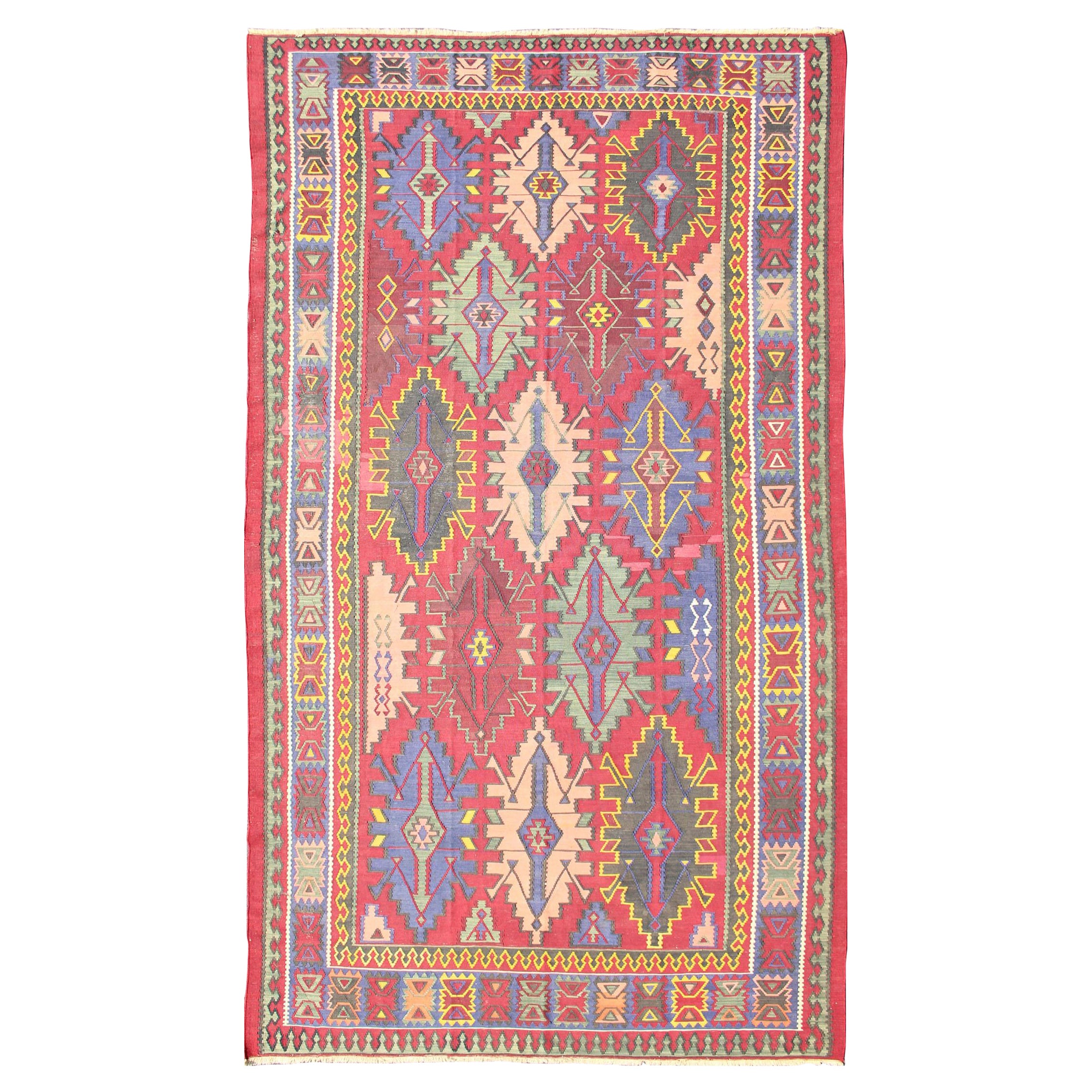 Antique Caucasian Avar Tribal Flat-Weave Gallery Rug Size in Multi Colors