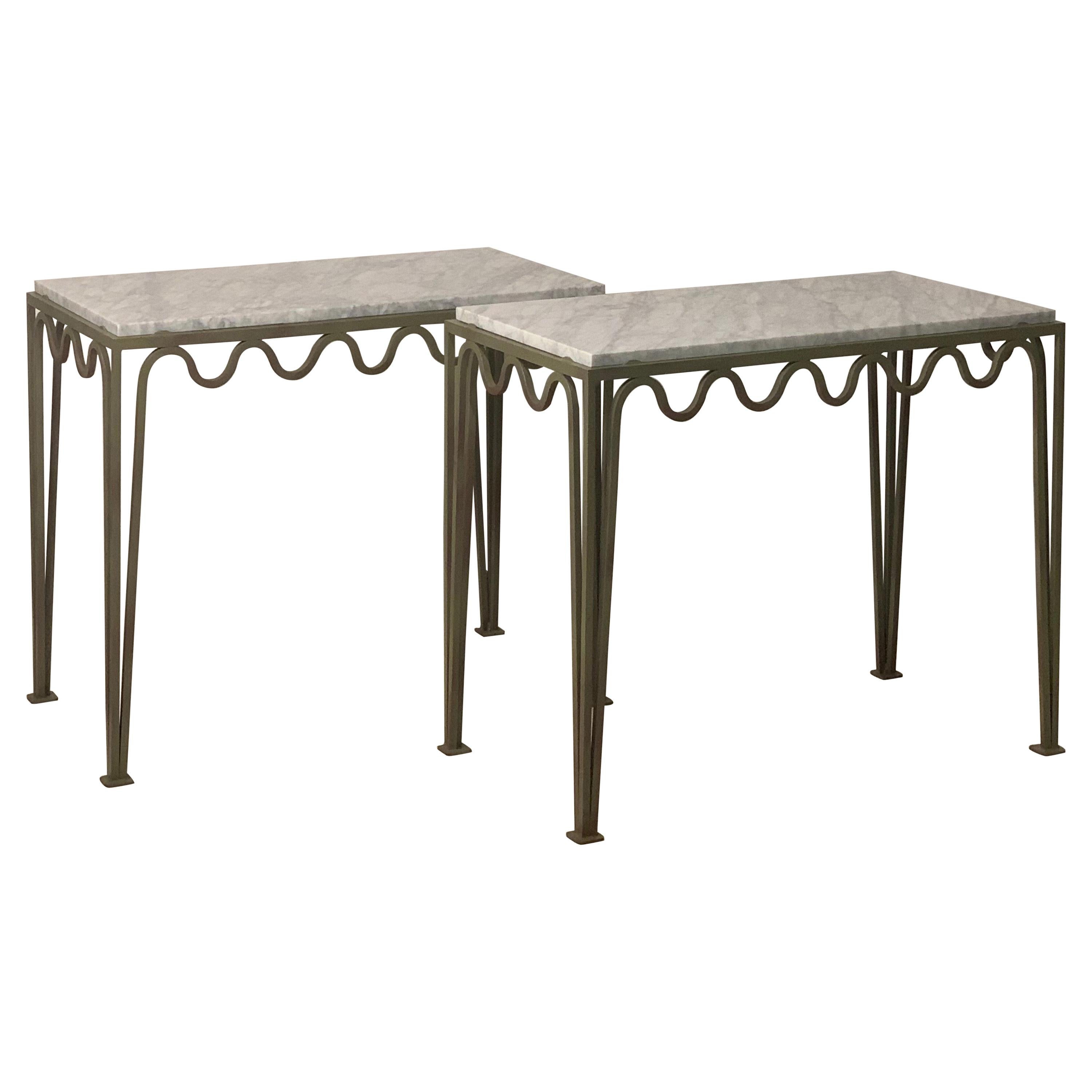 Paire de grandes tables de chevet en acier et marbre vert-de-gris 'Meandre' par Design Frères en vente