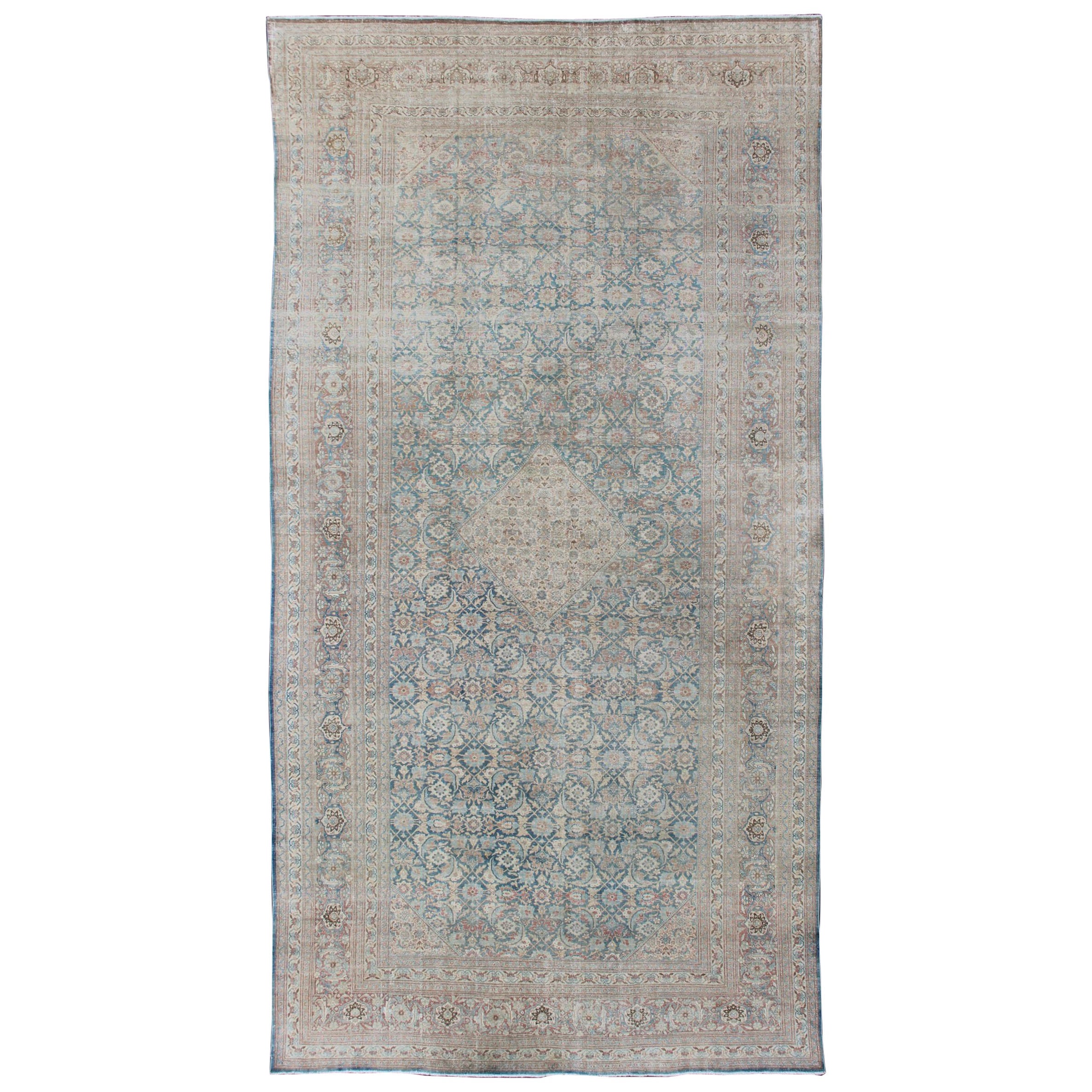 Large Antique Persian Tabriz Rug with Sub Geometric Herati Design in Light Blue For Sale