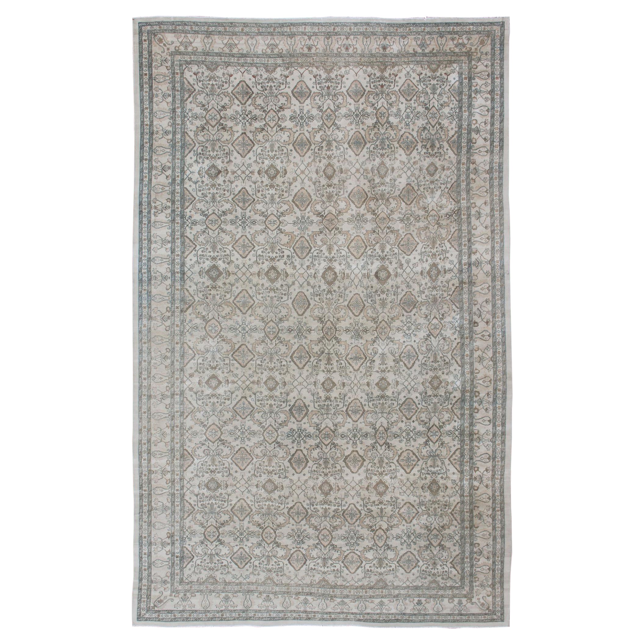 Very Large Vintage Rug in Ivory, Blue, Taupe, Brown, Coral For Sale
