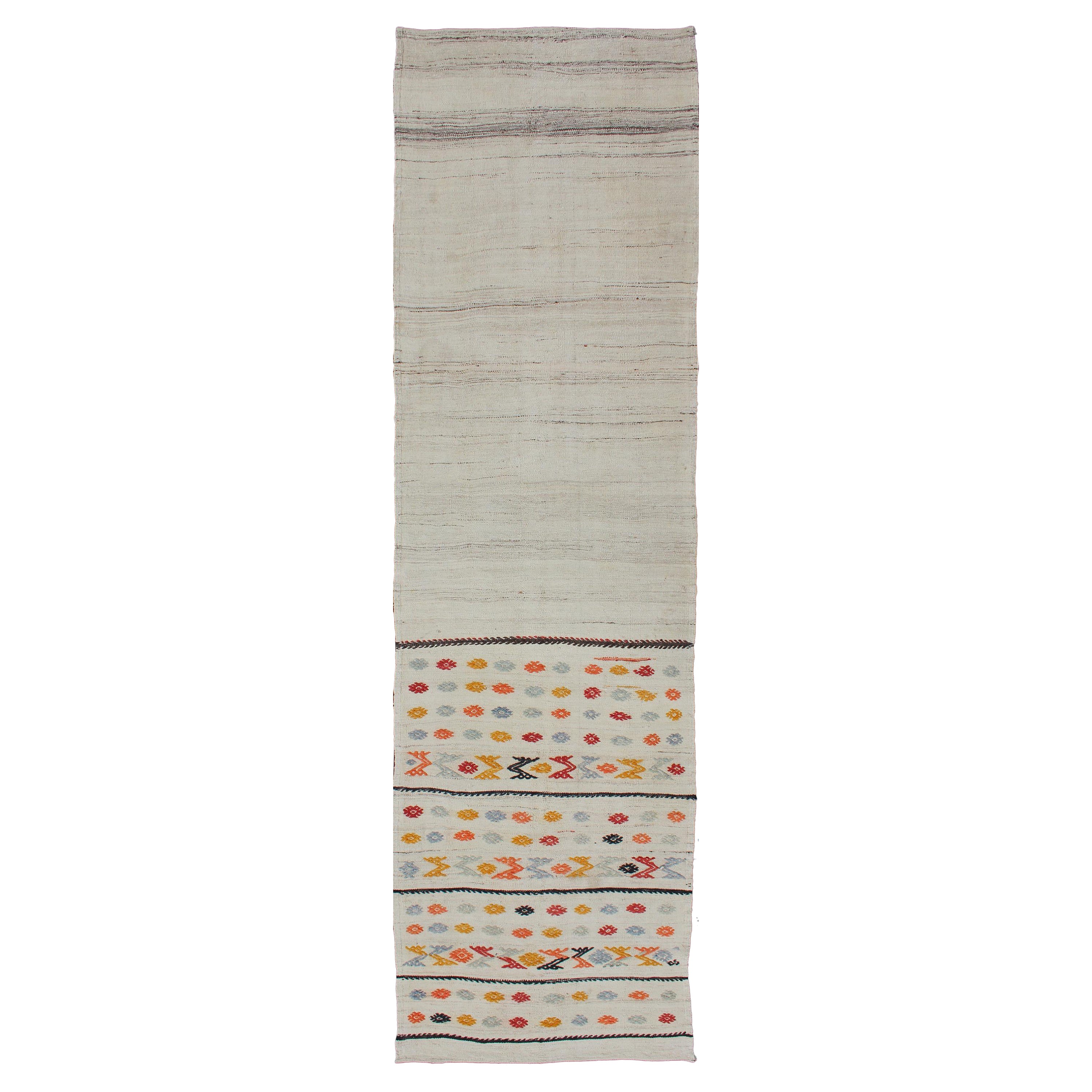 Vintage Turkish Kilim Runner with a Stripe and Modern Design on One End