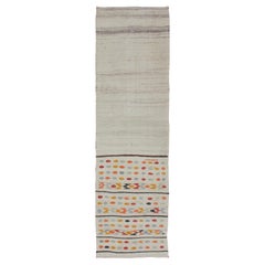 Retro Turkish Kilim Runner with a Stripe and Modern Design on One End