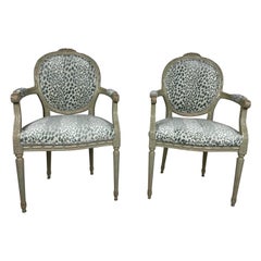 Pair of Louis XVI Style Chairs Blue/Green Animal Print Velvet Fabric