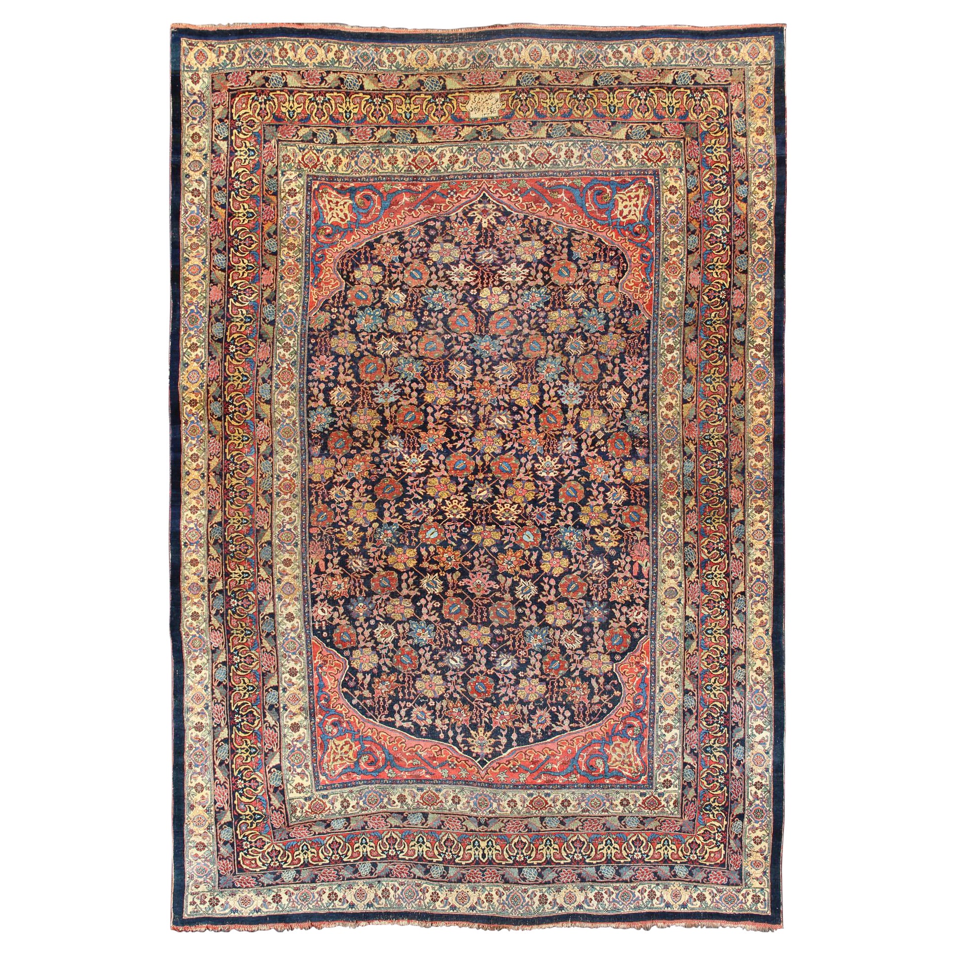 Large Antique Persian Bidjar Rug with All-Over colorful Florals & Navy Field For Sale