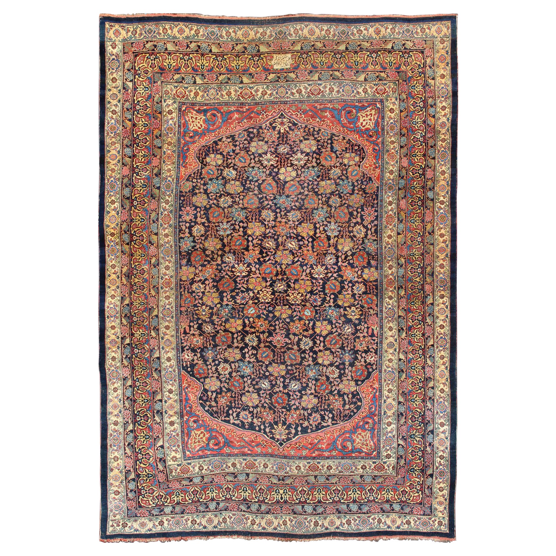 Grand tapis persan ancien Bidjar avec des fleurs colorées et un champ bleu marine