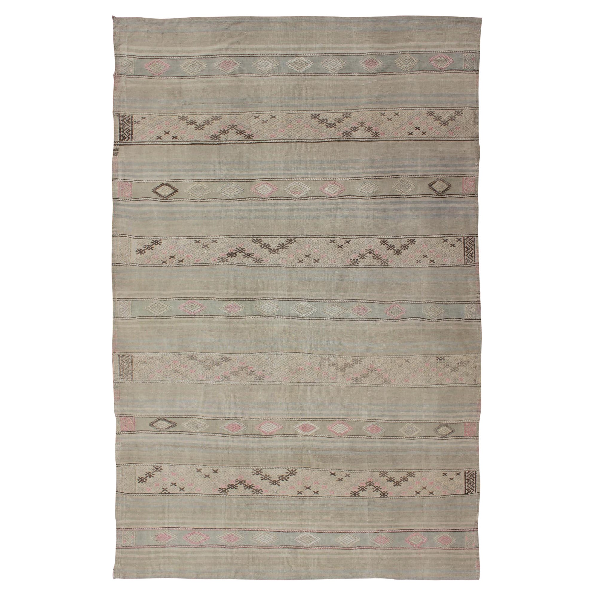 Vintage Turkish Flat-Weave Striped Kilim in Taupe, Pink, and Light Brown