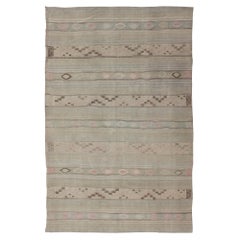 Retro Turkish Flat-Weave Striped Kilim in Taupe, Pink, and Light Brown