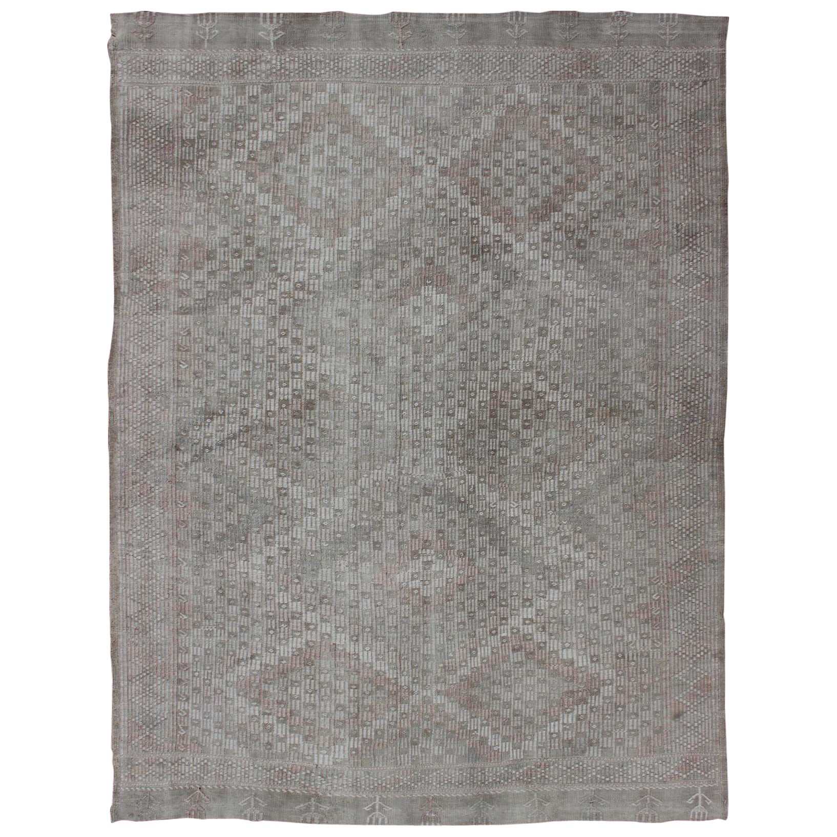 Vintage Turkish Embroidered Rug with Geometric Diamond Design in Neutral Tones For Sale