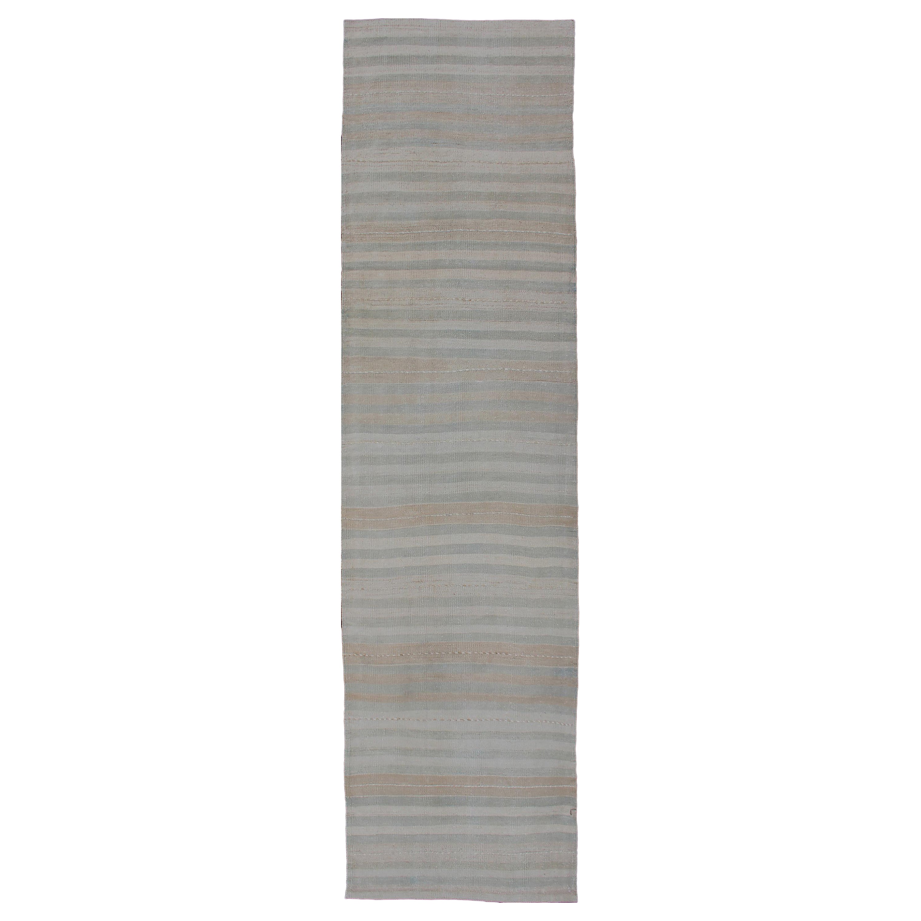 Vintage Turkish Kilim Runner with a Stripe and Modern Design in Neutral Tones For Sale