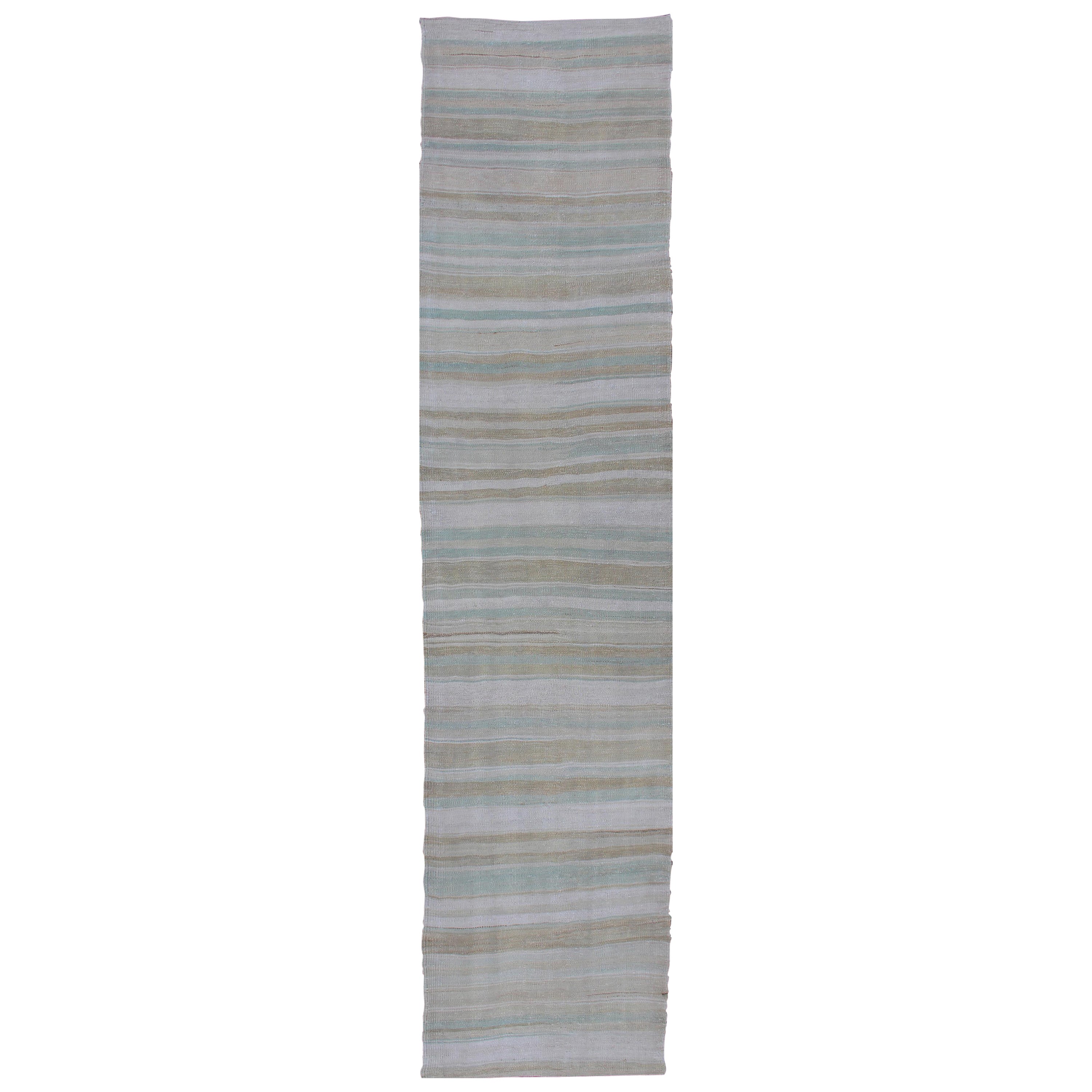 Vintage Turkish Flat-Weave Runner with Stripe Design Cream and Light Green For Sale