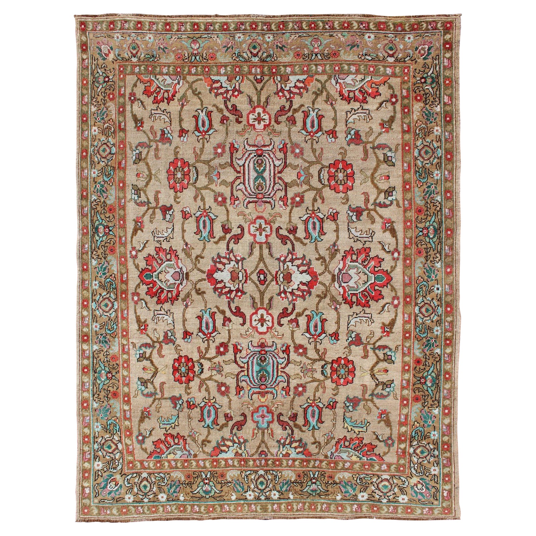 Vibrant and Unique All-Over Design Vintage Turkish Oushak Rug in Red and Tan For Sale