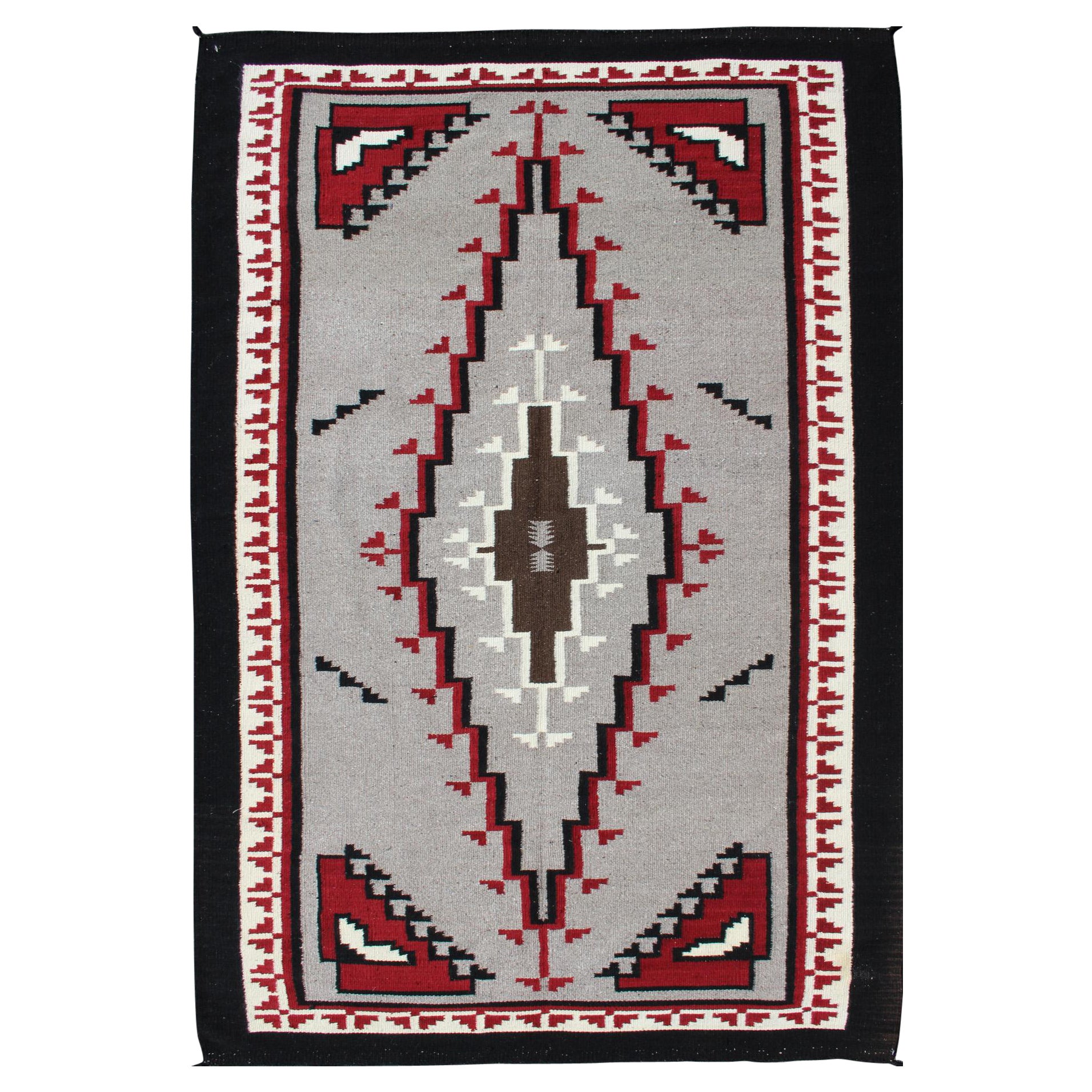 Tappeto vintage in stile tribale nativo americano in grigio, avorio, nero e rosso