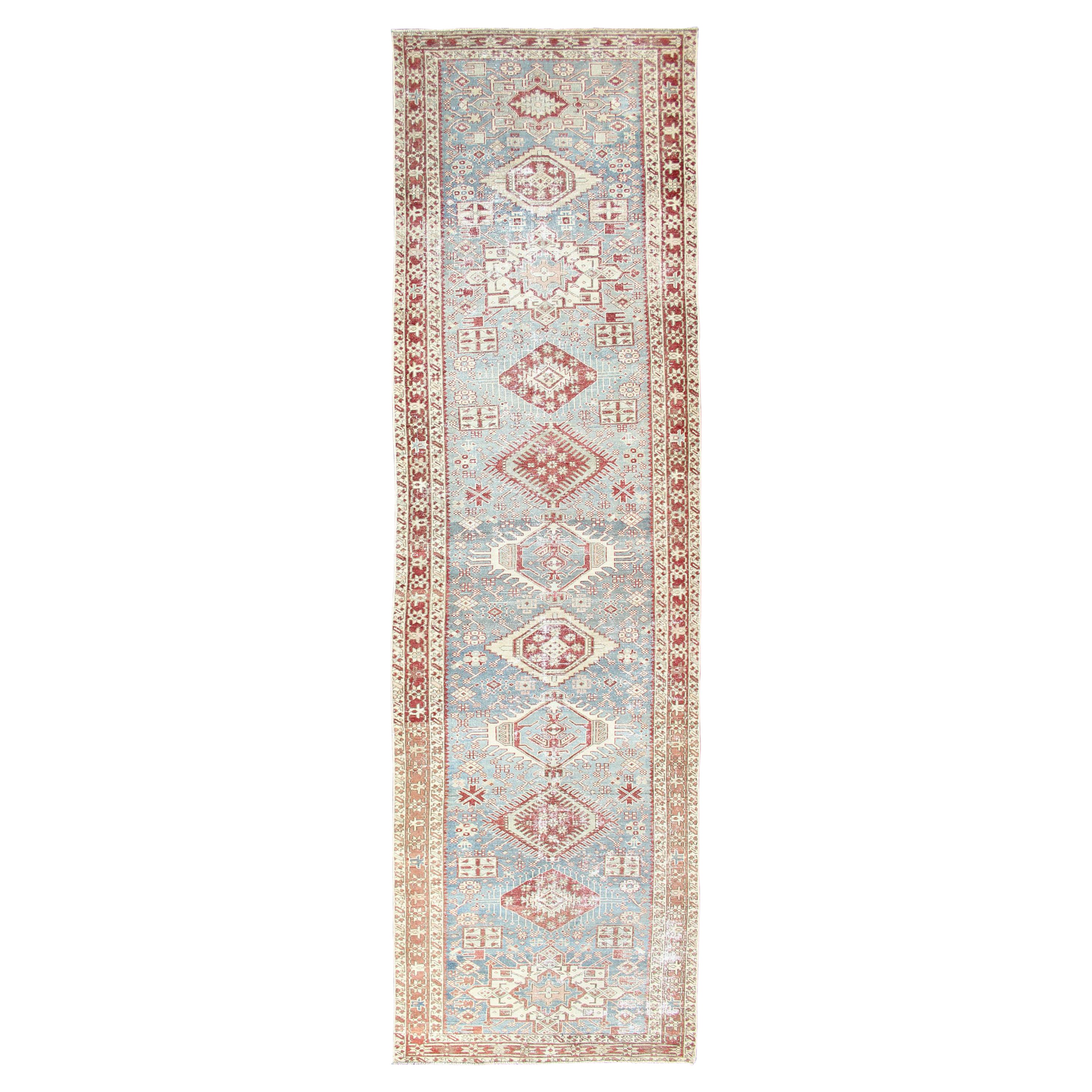 Antique Persian Heriz Runner with Geometric Design in Lt. Blue, Red & Lt. Green  For Sale