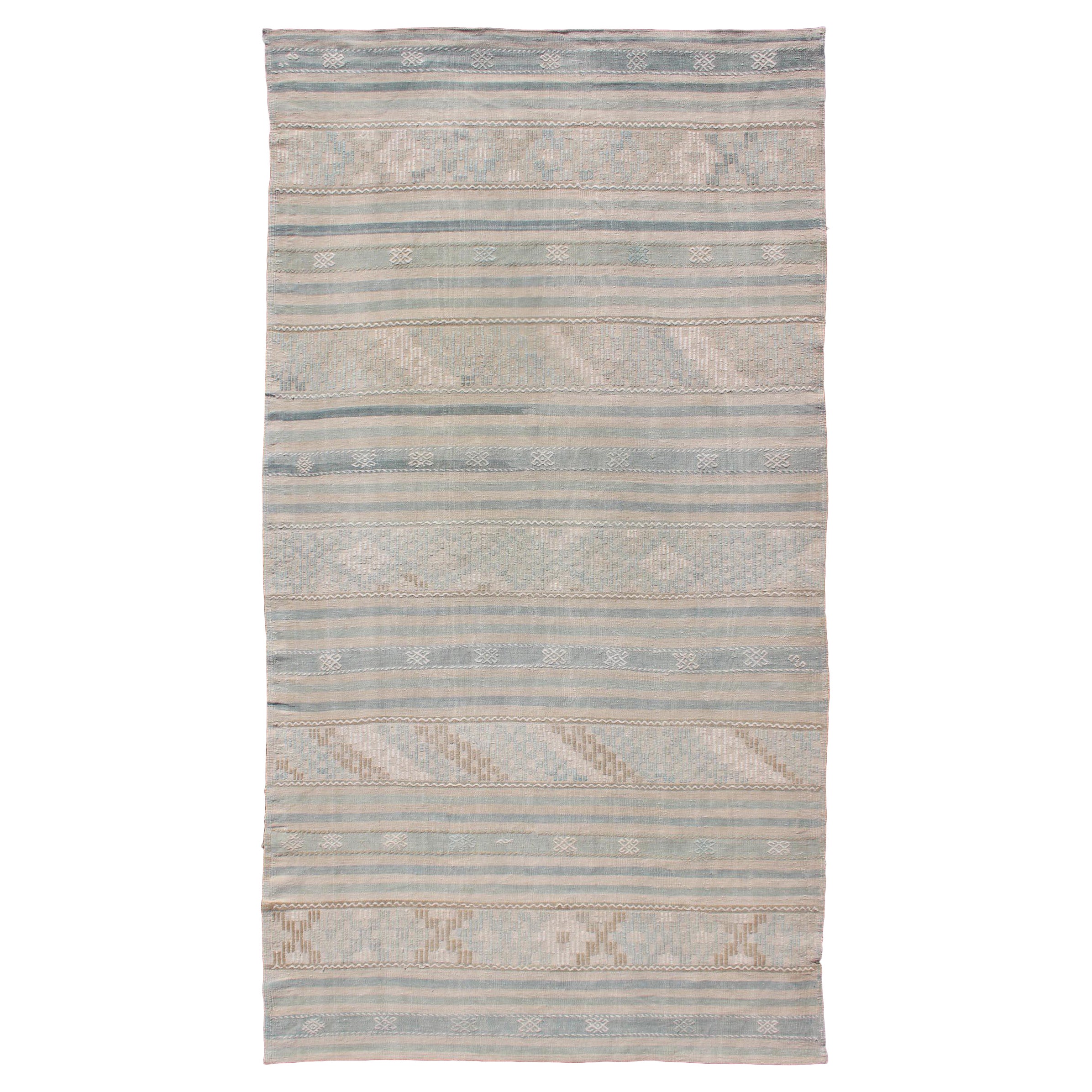 Natural-Toned Turkish Flat-Weave Kilim with Geometric Stripes Tan and Seafoam