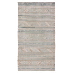 Vintage Natural-Toned Turkish Flat-Weave Kilim with Geometric Stripes Tan and Seafoam