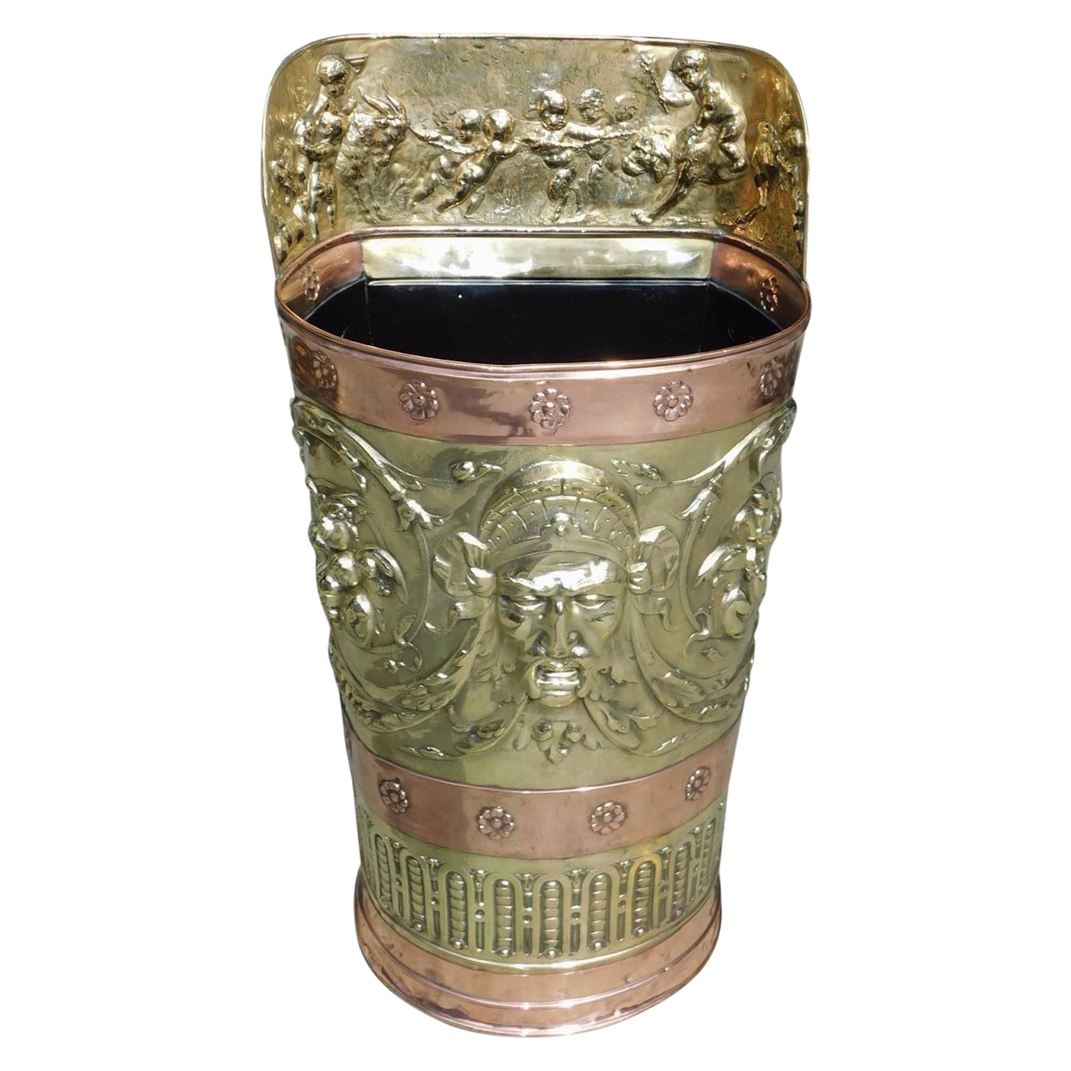 English Brass & Copper Figural Foliage Medallion Embossed Umbrella Stand, C 1870 For Sale