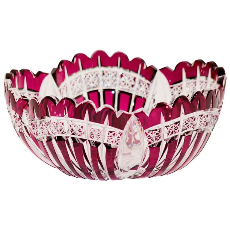 Baccarat Val Saint Lambert Tazón de centro de mesa con amatista superpuesta tallada en transparente