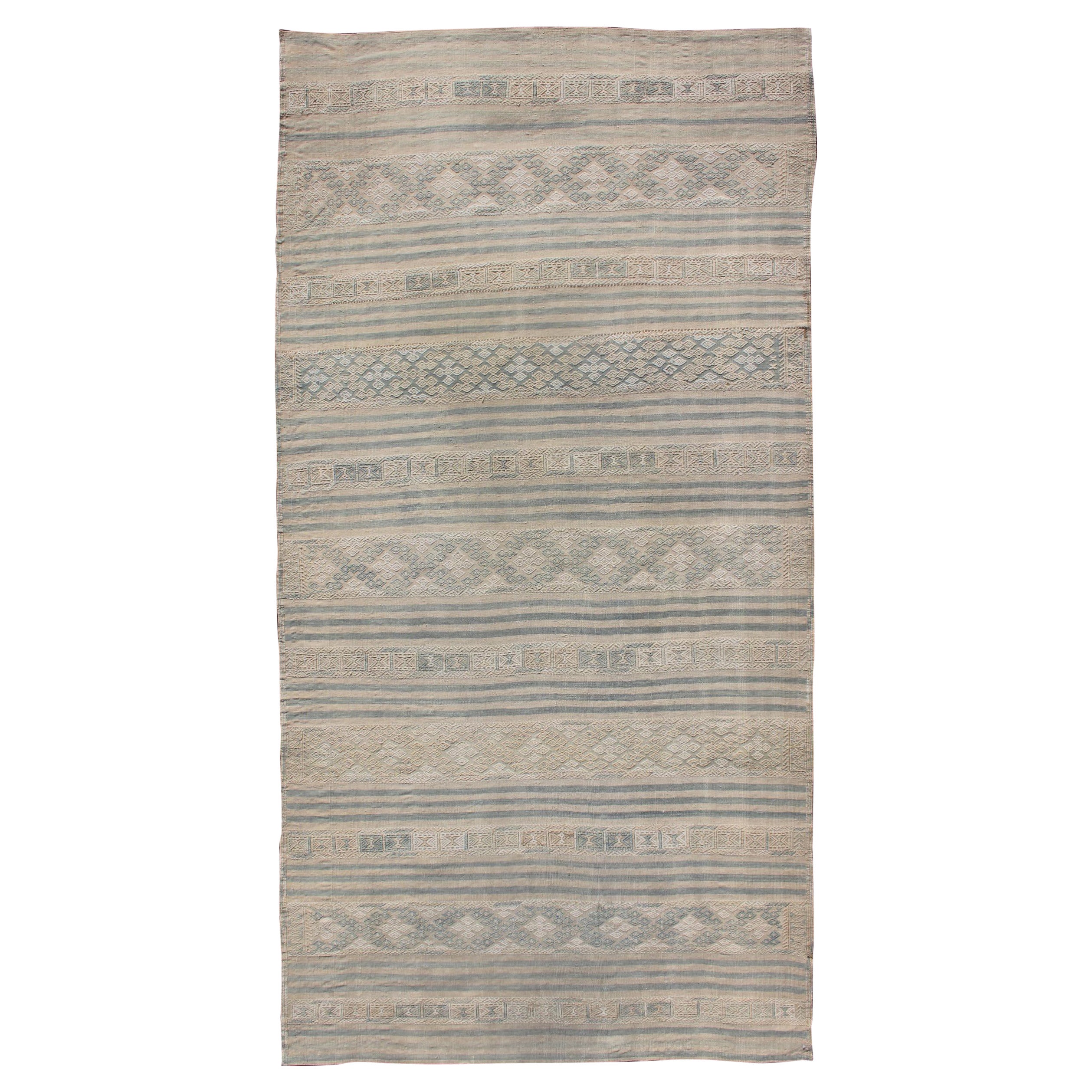 Flat-Weave Kilim with Embroideries in Taupe, Tan, Blue and Gray For Sale