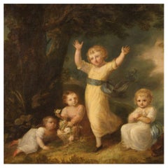 Antique 19th Century Oil on Canvas French Painting a Game of Girls with Doves, 1860