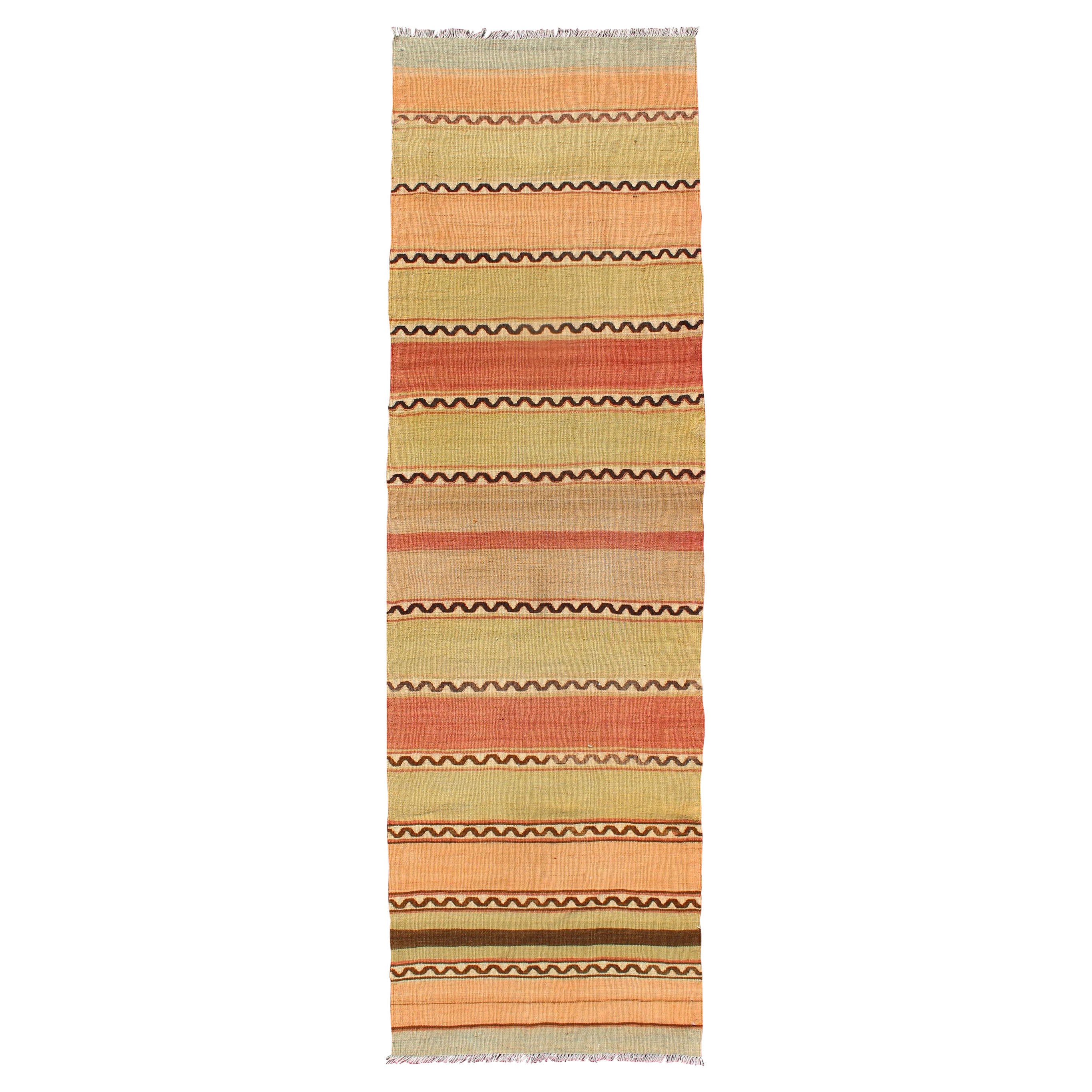 Vintage Turkish Kilim Runner with Stripes in Red, Green, Yellow, and Orange For Sale
