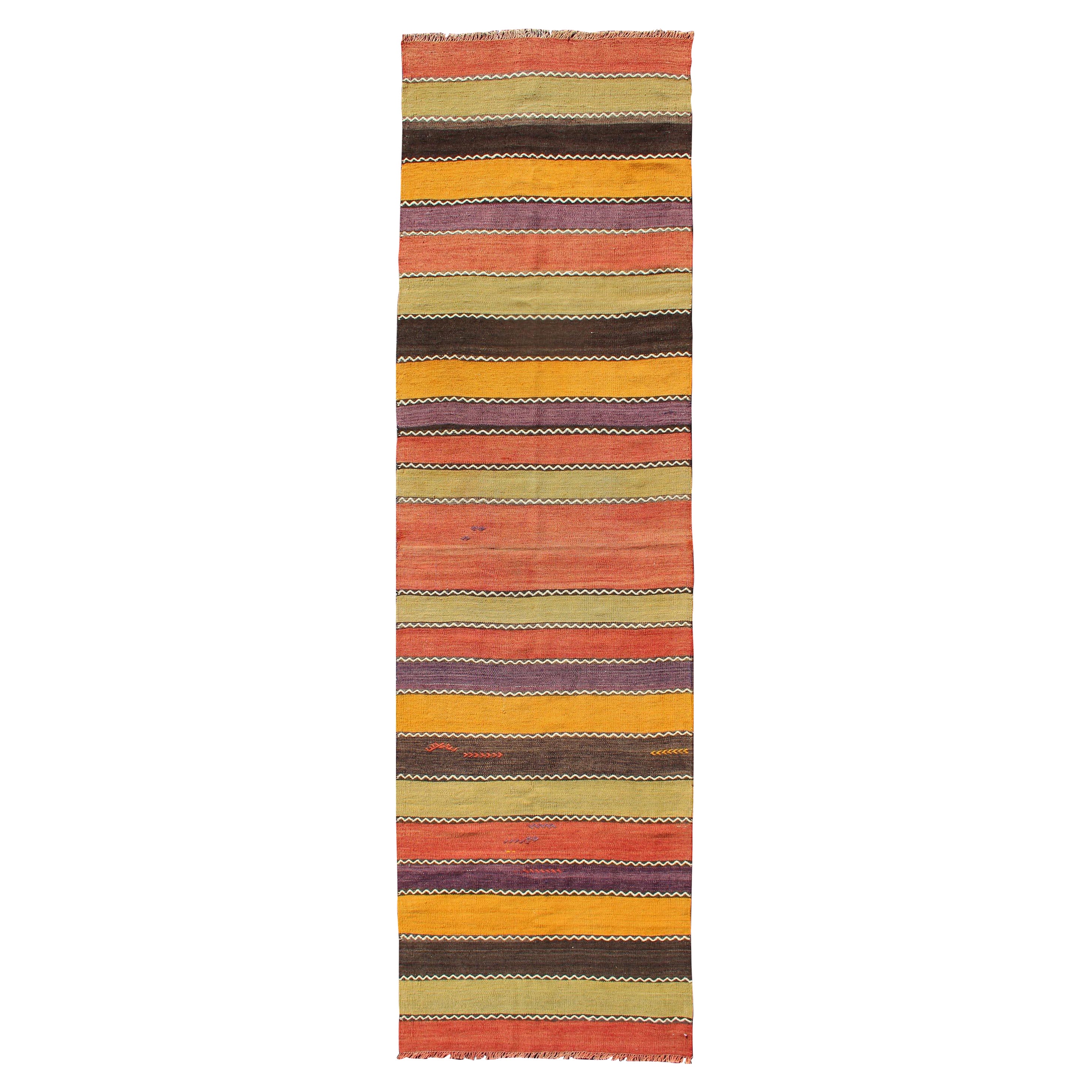 Vintage Kilim Runner with Horizontal Stripes in Orange, Green, Purple, Red, Gold