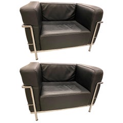 Pair of Chrome and Black Leather Club Chairs in the Style of Le Corbusier