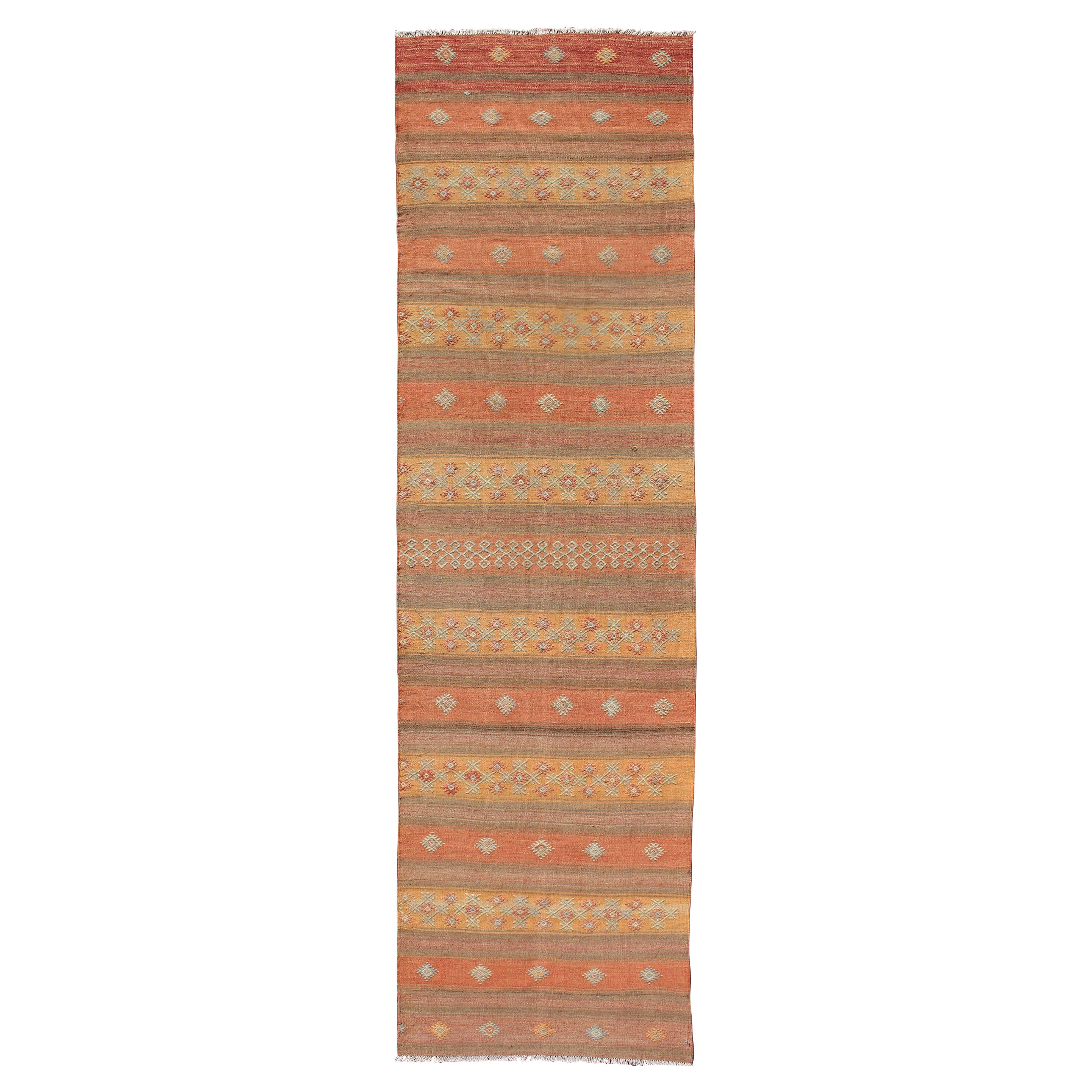 Vintage Turkish Kilim Colorful Stripe Runner with Tribal Motifs  For Sale