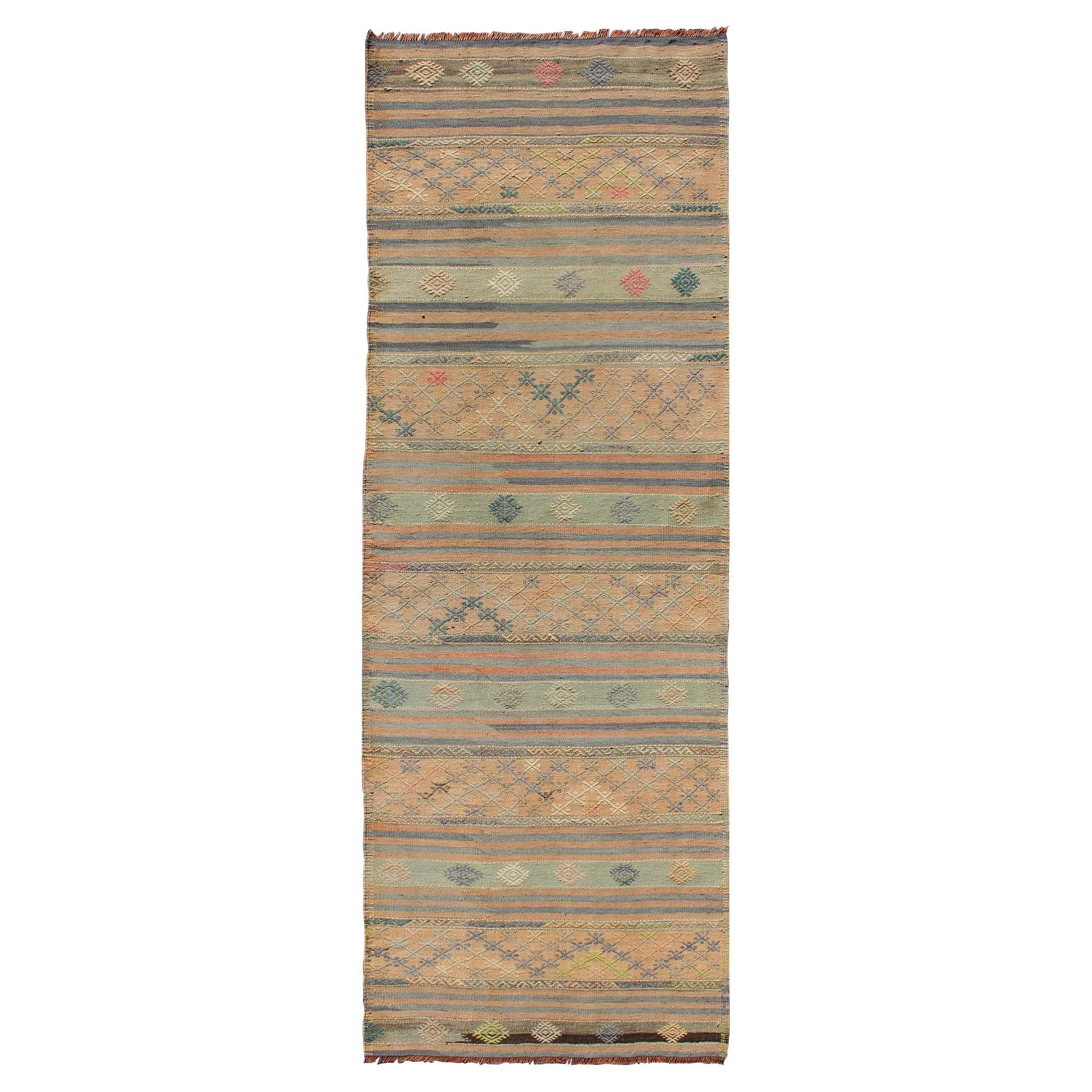 Vintage Turkish Kilim Runner with Geometric Design and Colorful Stripes For Sale