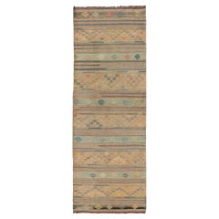 Retro Turkish Kilim Runner with Geometric Design and Colorful Stripes