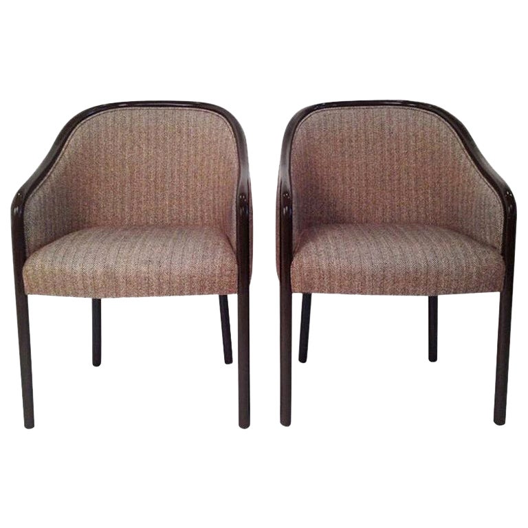 Pr of Ward Bennett Brown Lacquered Fame w/ Herringbone Wool Upholstery Armchairs For Sale