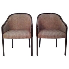 Pr of Ward Bennett Brown Lacquered Fame w/ Herringbone Wool Upholstery Armchairs