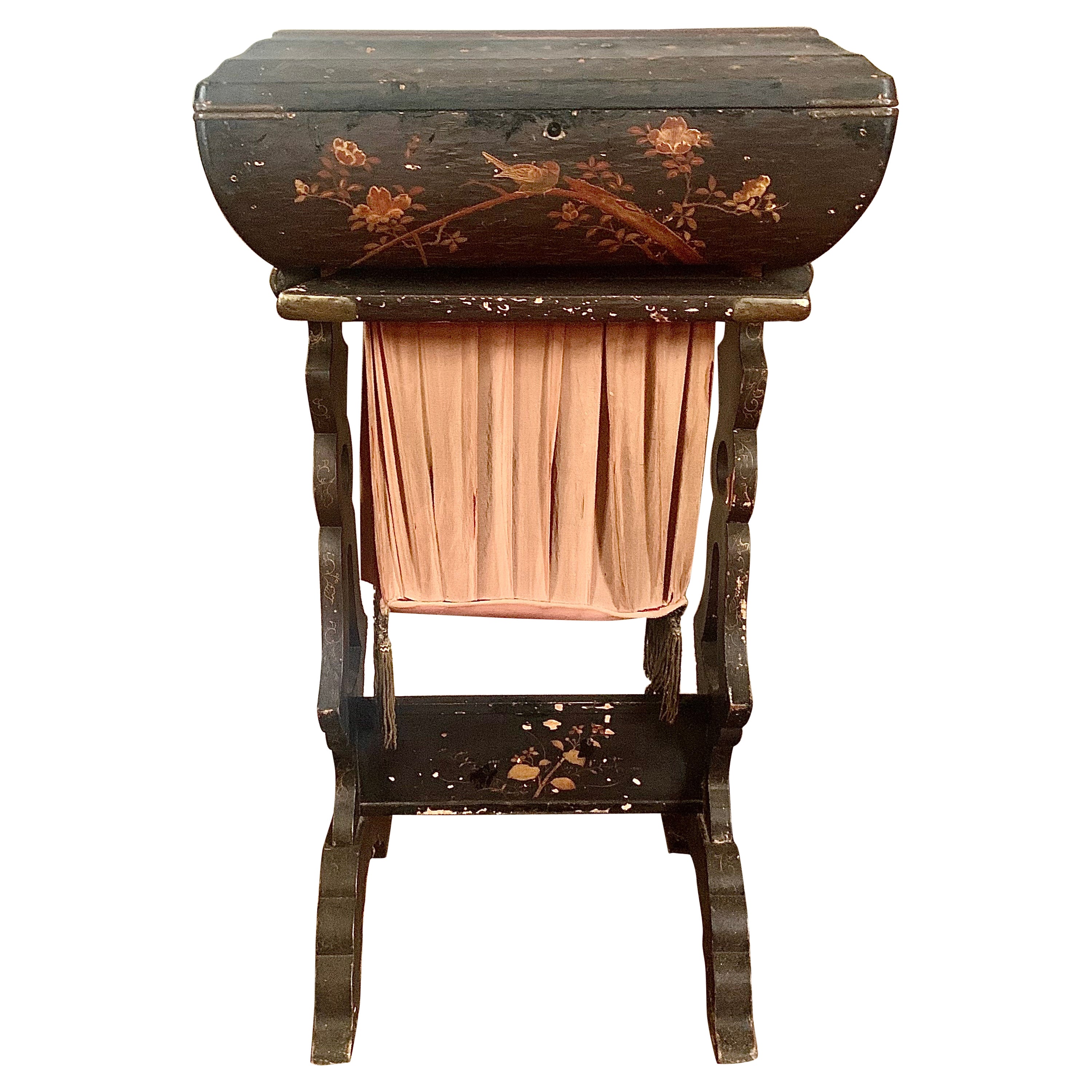 French lacquered Work table Side table Worker Accordion Sewing Cabinet, 19th C For Sale