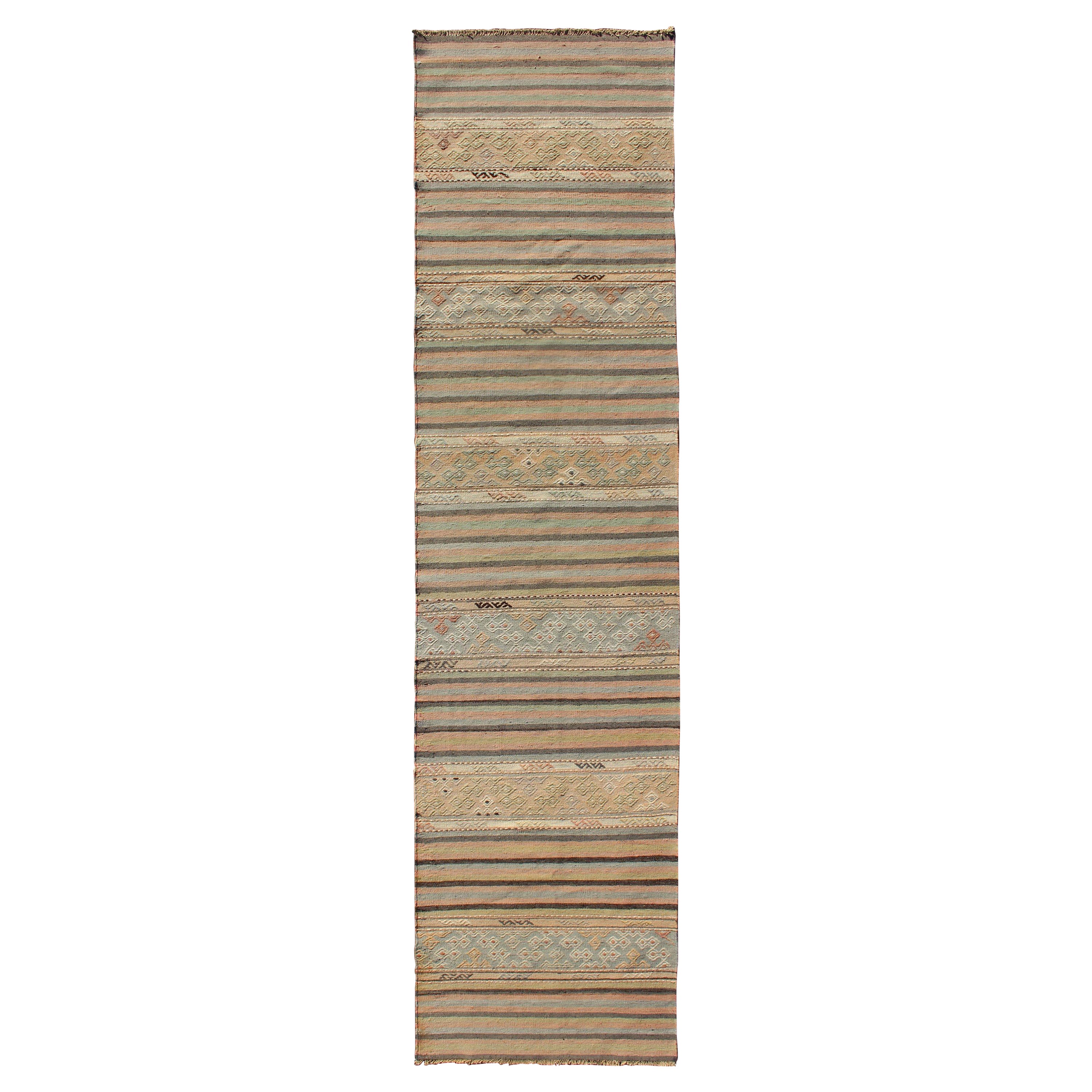 Stripe Vintage Turkish Kilim Flat-Weave Geometric Designed Runner