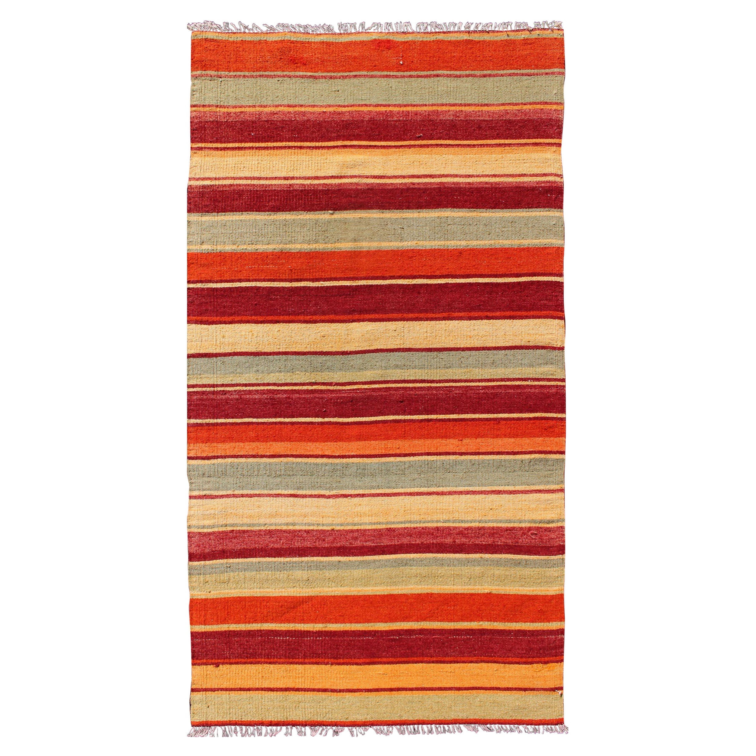 Vintage Turkish Kilim Runner with Stripes in Red, Green, Yellow, and Orange For Sale