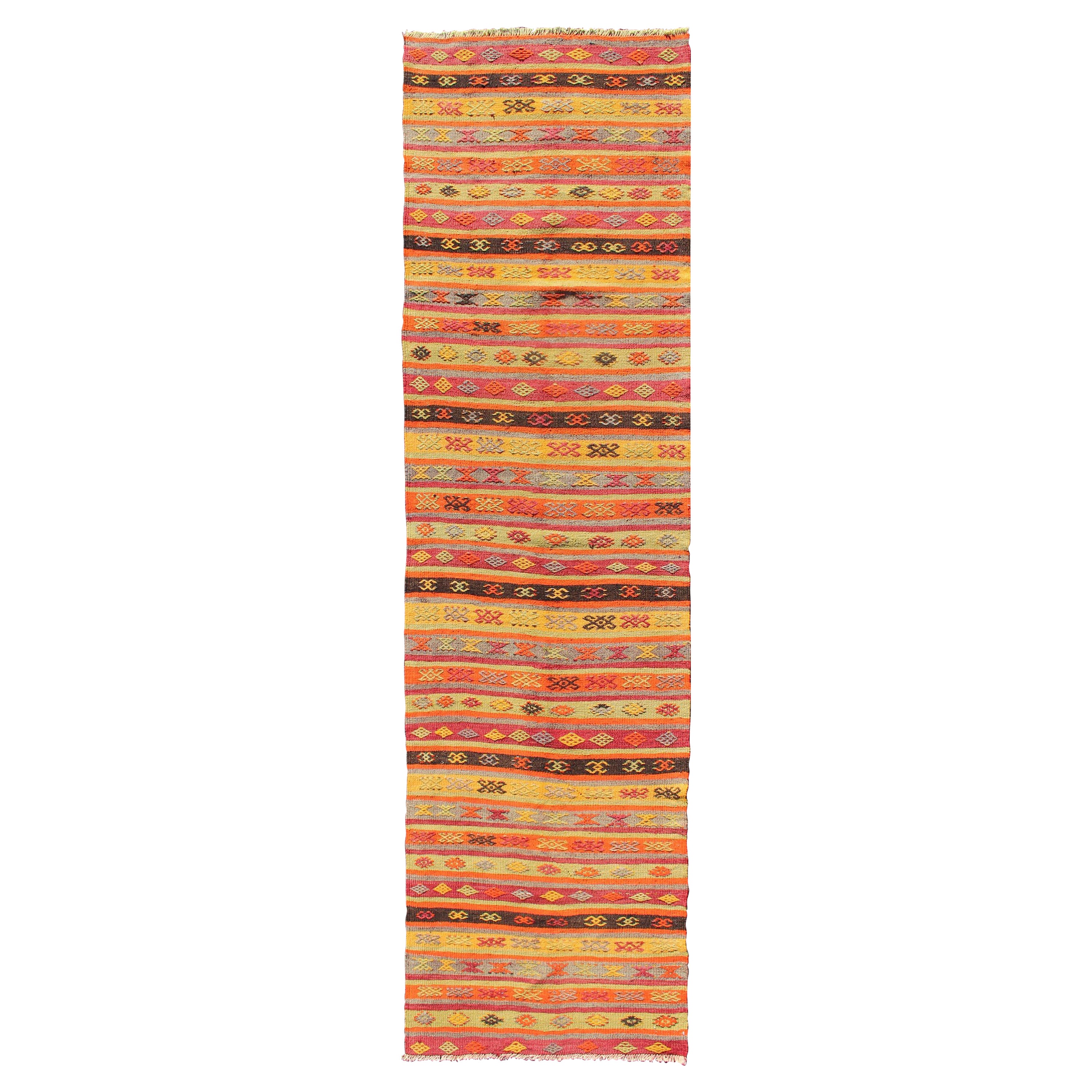 Vintage Turkish Kilim Colorful Stripe Runner with Tribal Motifs For Sale