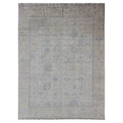 Oushak Design Rug in Gray, Silver, Light Blue and Yellow with All-Over Design