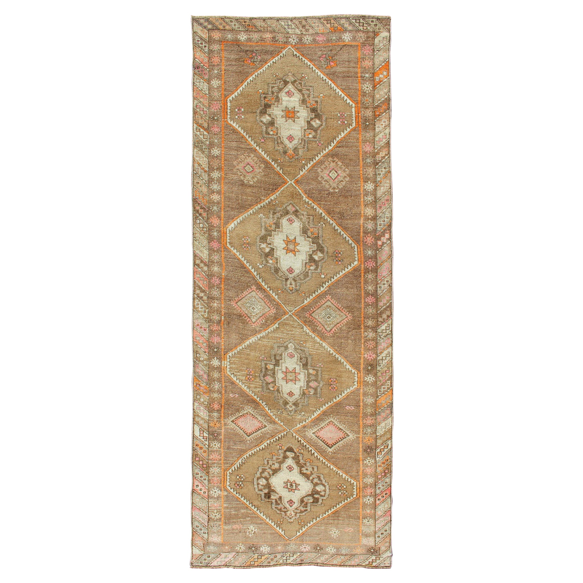 Vintage Turkish Oushak Runner with Tribal Medallions in Earthy Tones For Sale