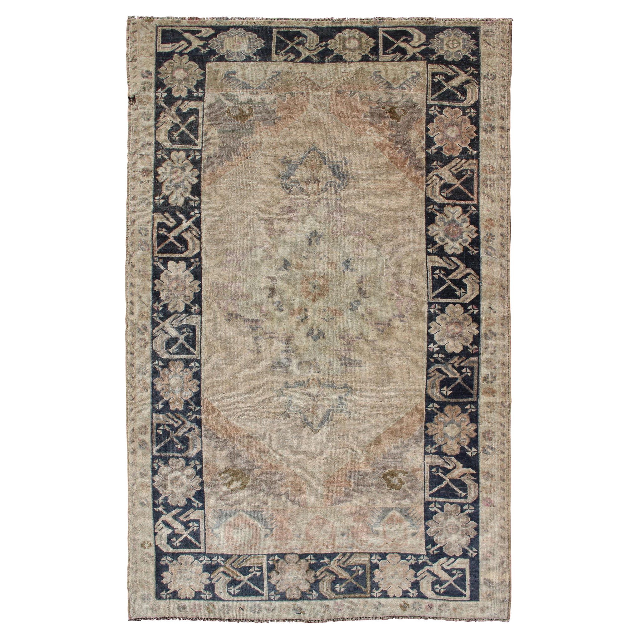 Multi-Layered Medallion Vintage Turkish Oushak Rug in Cream and Midnight Blue For Sale