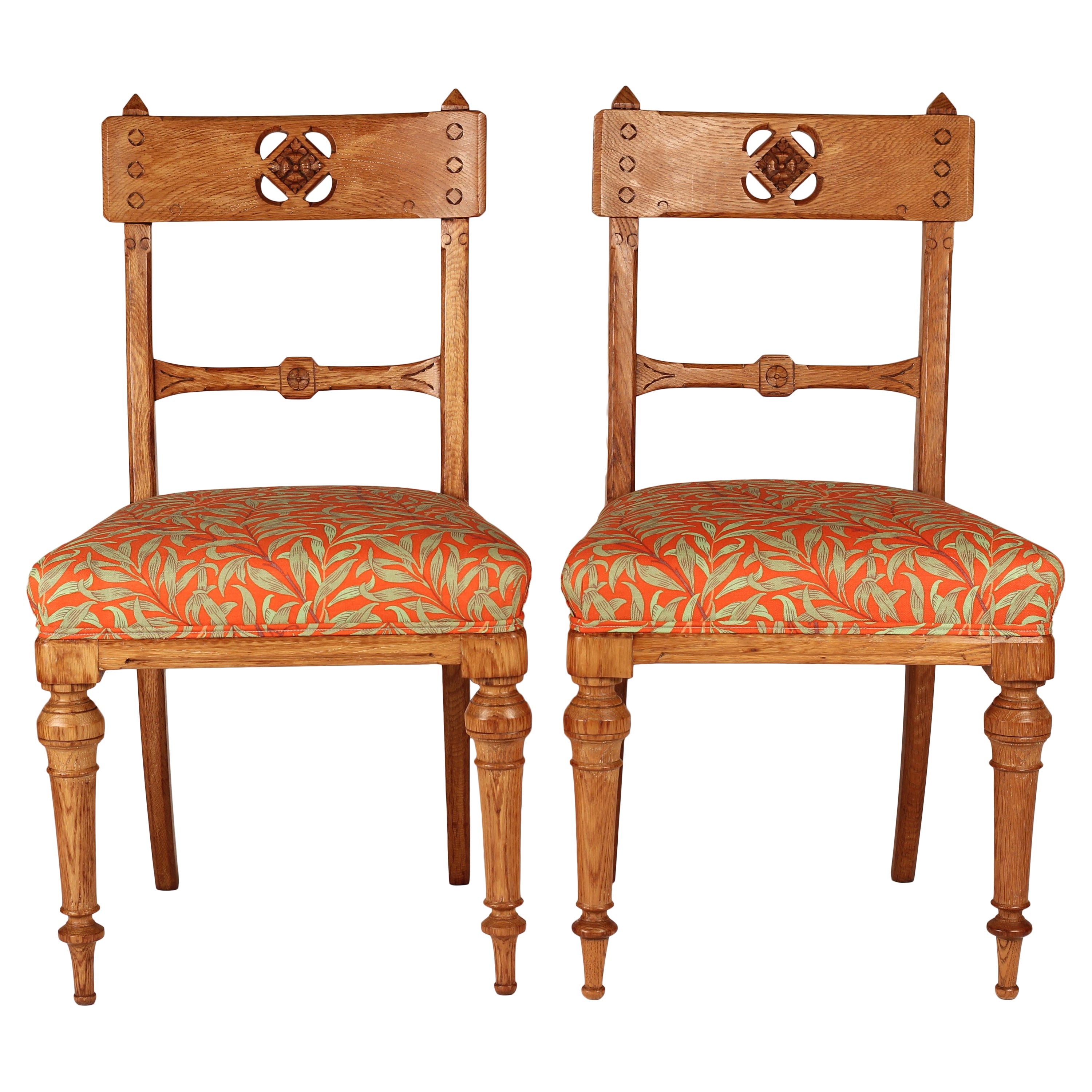 Pair of Arts & Crafts Oak Back Pierced Hall Chairs with fabric by Morris & Co For Sale