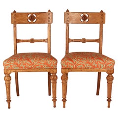 Pair of Arts & Crafts Oak Back Pierced Hall Chairs with fabric by Morris & Co
