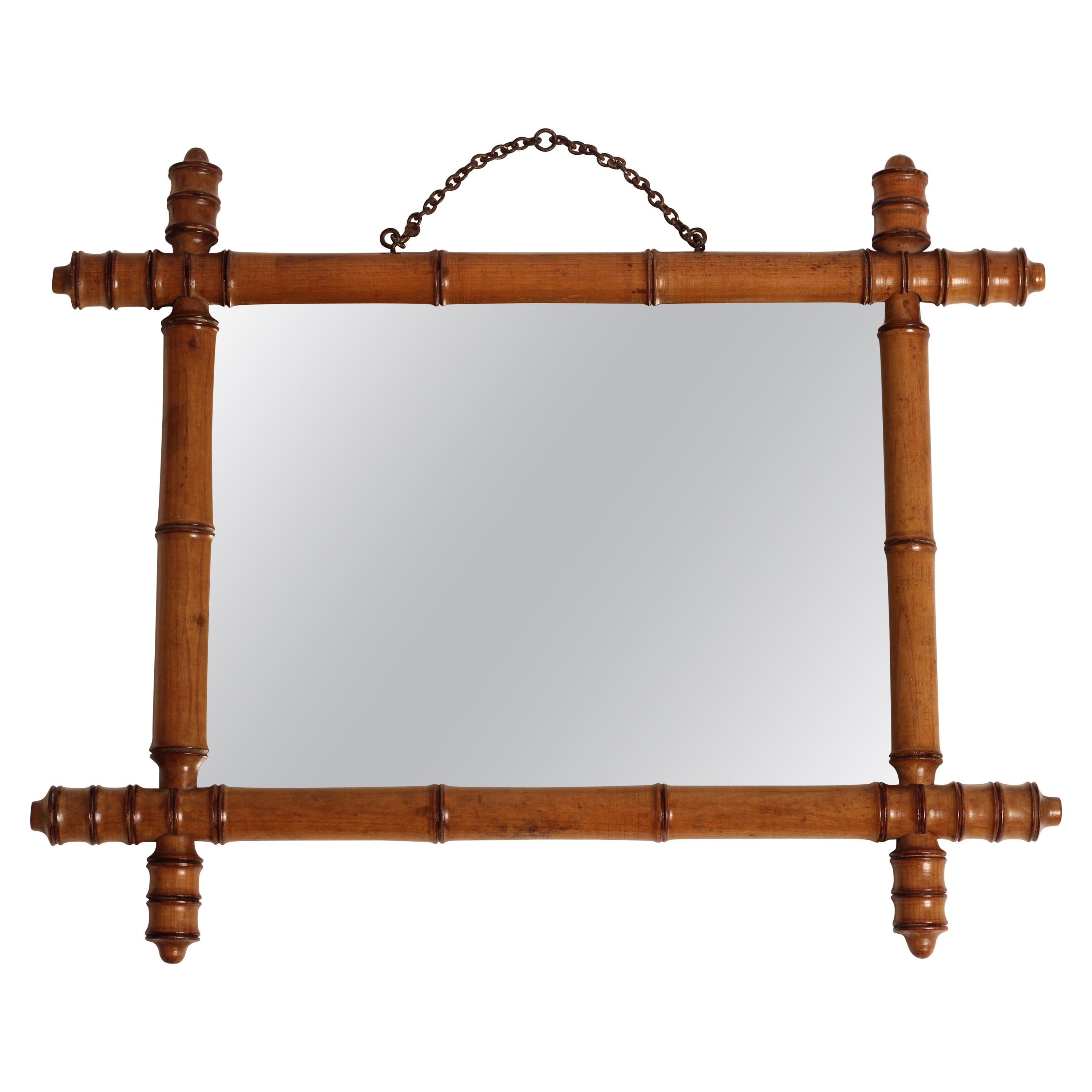 Faux Bamboo Walnut Framed Mirror Made in England 1800’s in Boho Chic Style