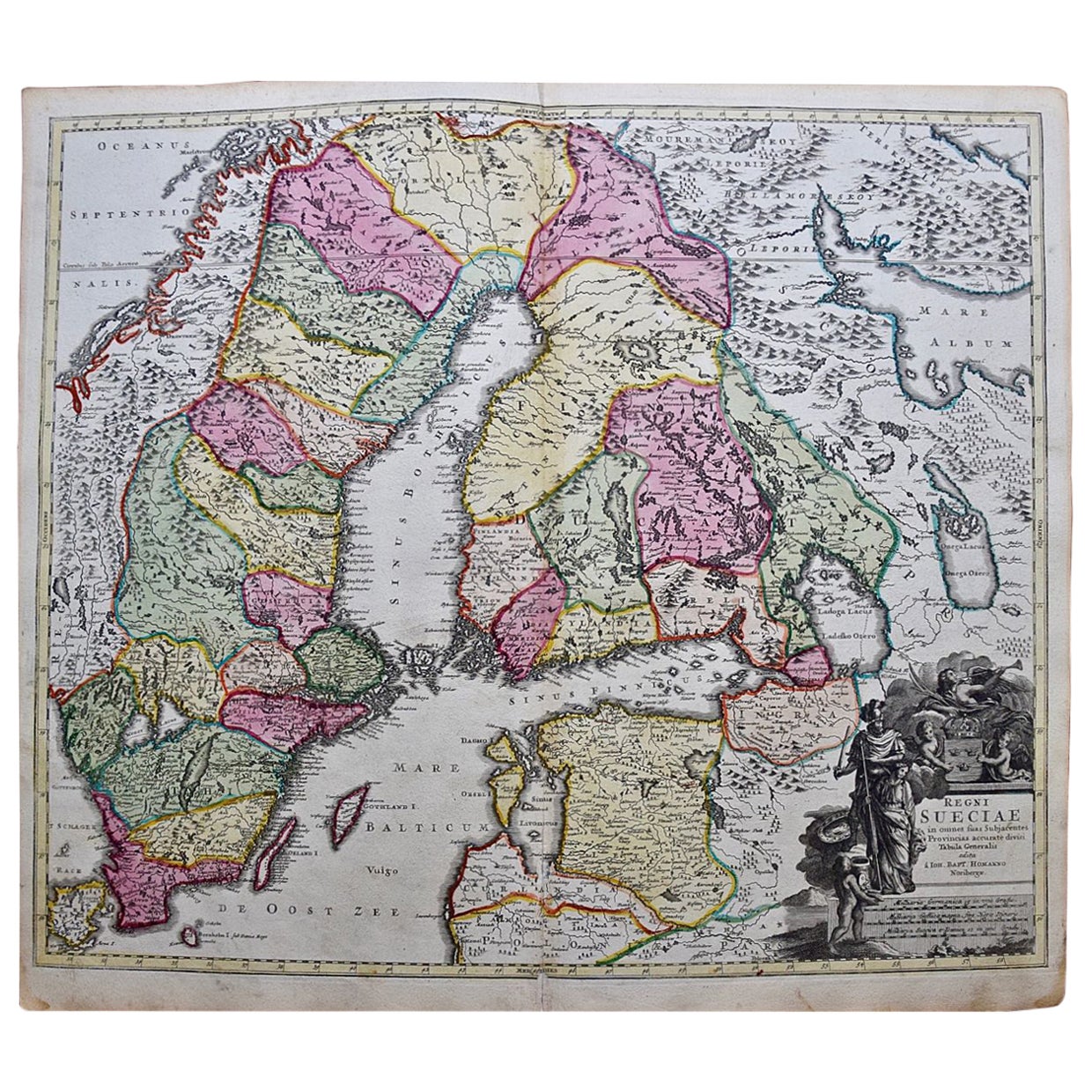 Scandinavie & Portions of Eastern Europe : Carte Homann du 18e siècle colorée à la main