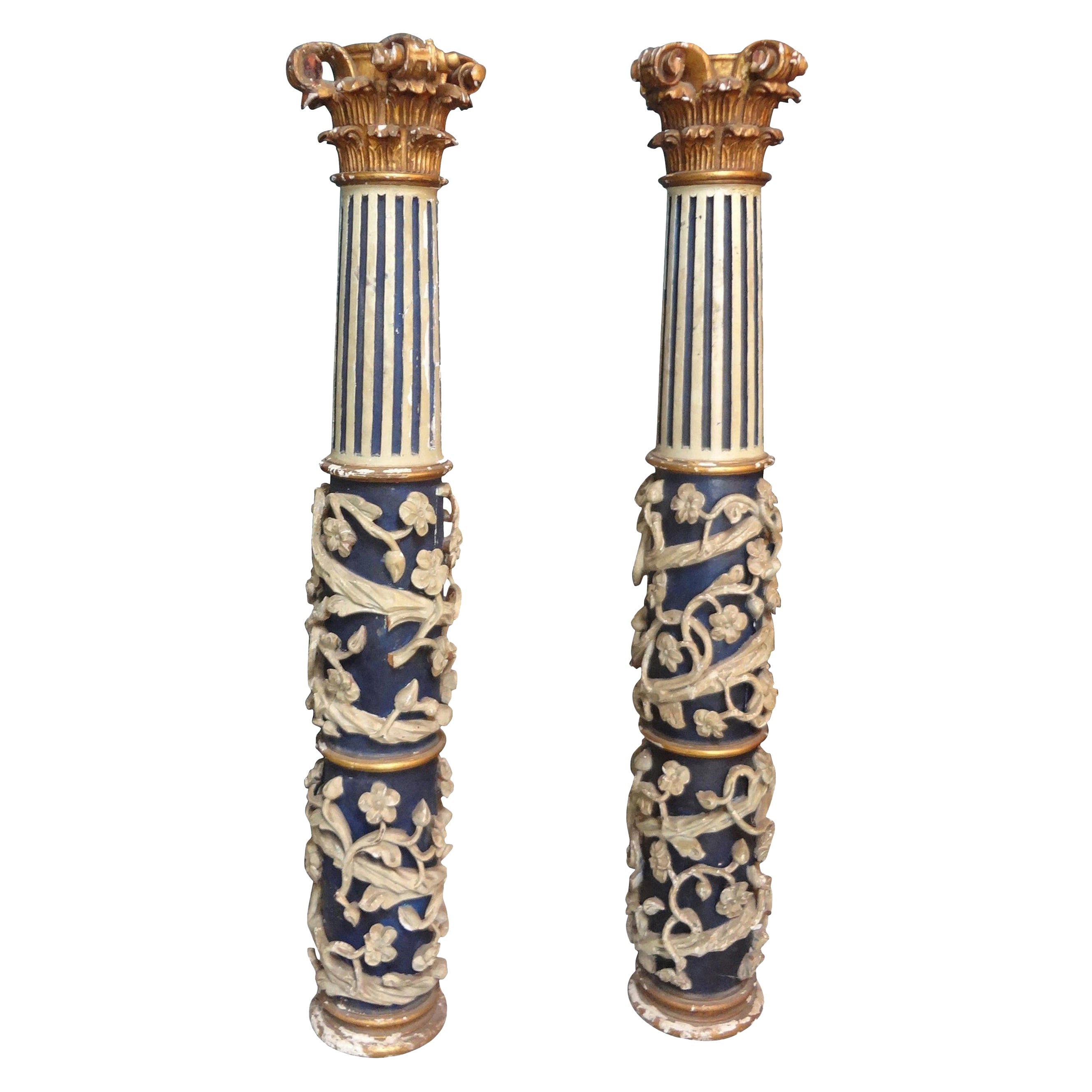 Pair of 17th Century Italian Baroque Hand Carved Columns