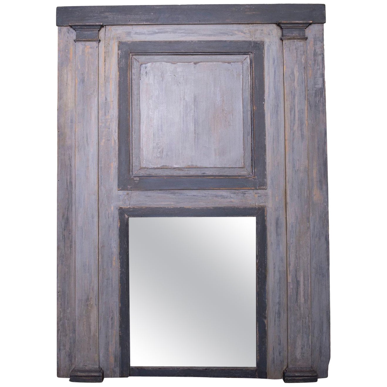 Grand miroir Trumeau peint en gris-bleu