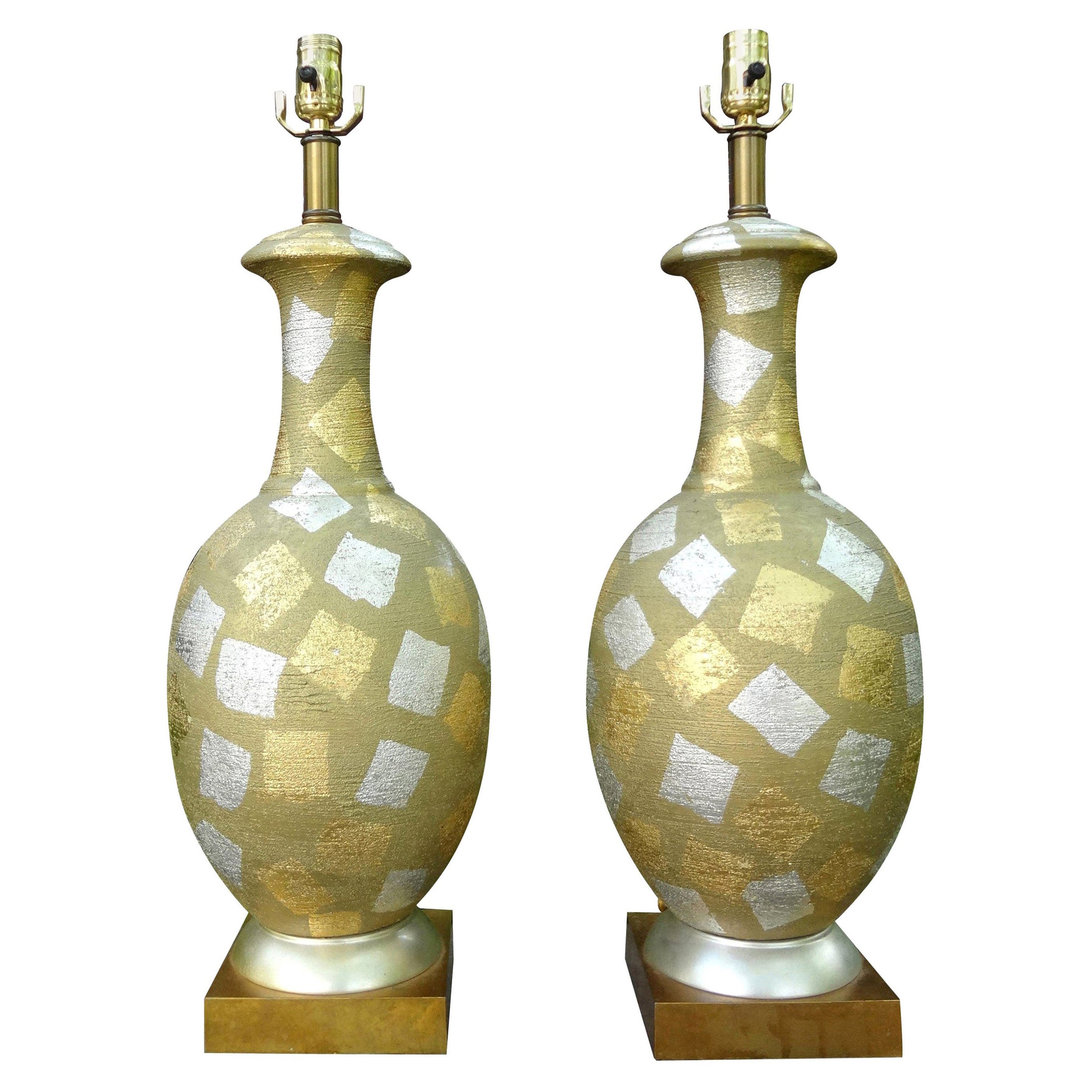 Paar Hollywood-Regency-Lampen mit Harlekin-Lampen, Gold und Silber vergoldet