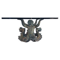 Retro Bronze Mythical Cherub Creatures Coffee Table with Glass Top