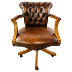  Chesterfield Style Brown Leather Upholstered Captain or Office Chair