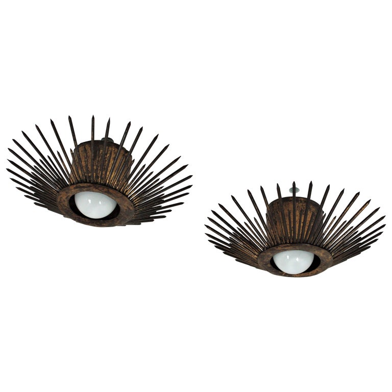 Pair of Gilt Iron Sunburst Brutalist Light Fixtures with Design of Nails For Sale